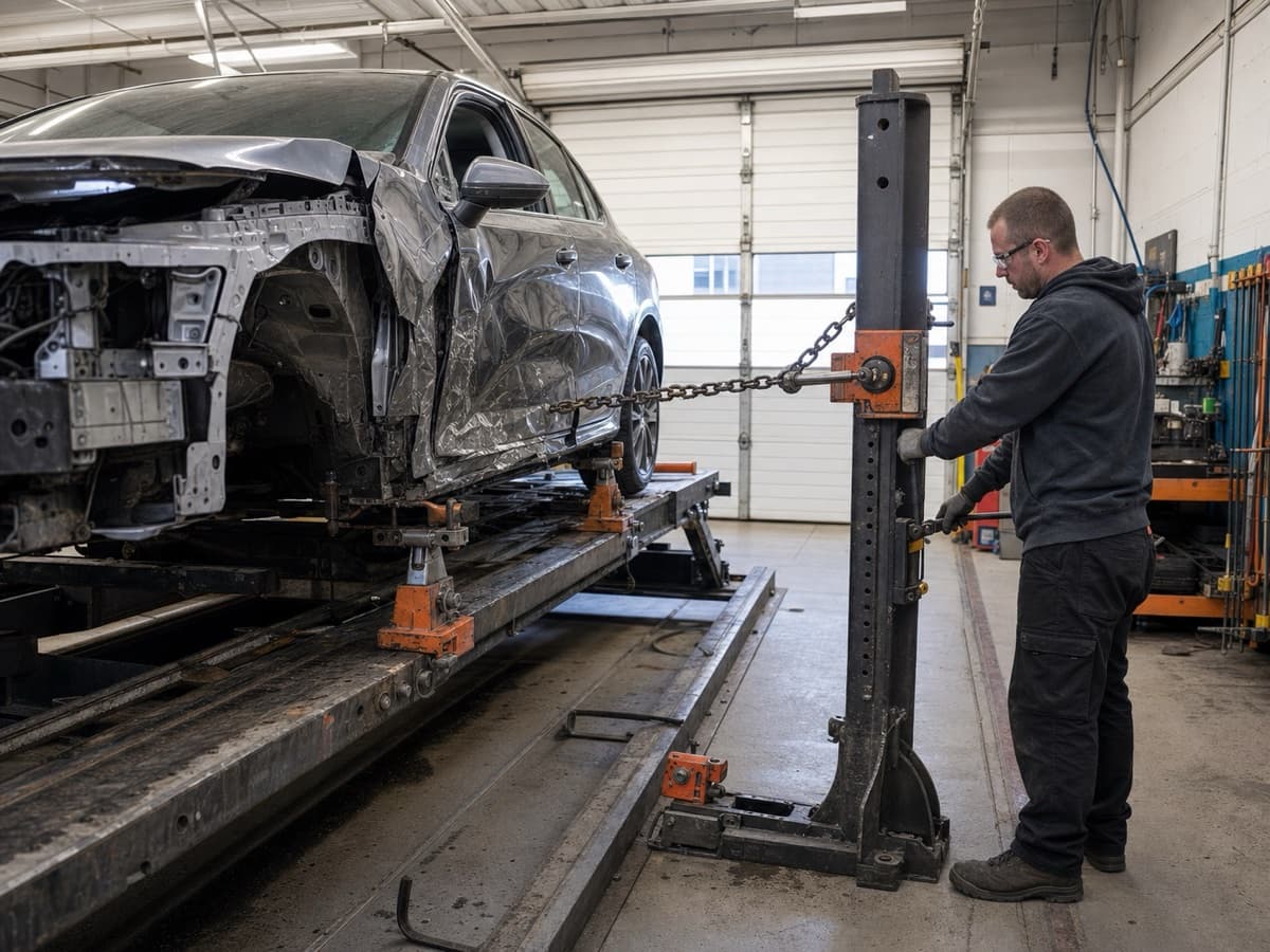 Bent vehicle frame being pulled straight on a frame rack